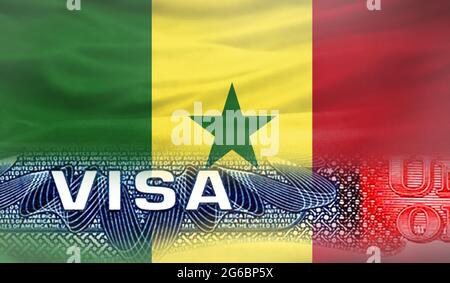 États-Unis d'Amérique Visa document, avec le drapeau du Sénégal en arrière-plan. Banque D'Images