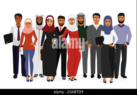 Illustration vectorielle de l'homme et de la femme arabes du groupe hommes d'affaires debout ensemble dans des vêtements islamiques traditionnels sur fond blanc, dans un style plat Illustration de Vecteur