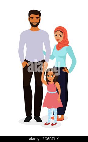 Illustration vectorielle de la famille arabe heureuse et belle. Mère dans hijab, père et fille dans le style de dessin animé plat. Illustration de Vecteur