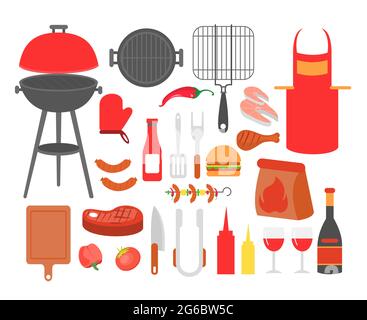 Ensemble d'illustrations vectorielles de barbecue, steak grillé, saucisse, poulet, fruits de mer et légumes, Tous les outils pour faire la fête au barbecue, faire cuire les aliments à l'extérieur. Illustration de Vecteur