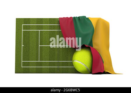 Drapeau de Lituanie drapé sur un court de tennis en herbe et un ballon. Rendu 3D Banque D'Images