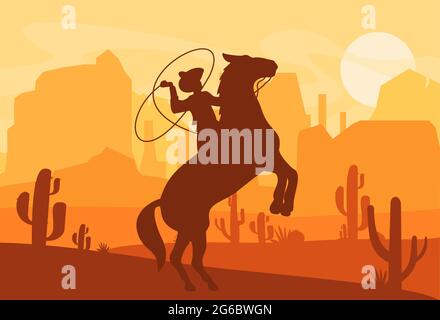 Illustration vectorielle de la silhouette d'un cow-boy qui attrape un cheval sauvage au coucher du soleil avec le magnifique désert du Texas de l'Ouest sauvage sur fond de style plat. Illustration de Vecteur
