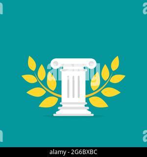 Socle gagnant avec laurel doré. Podium pour le meilleur produit avec colonne grecque ou romaine. Ancien pilier.première place, bol de récompense. Symbole de succès, vic Illustration de Vecteur