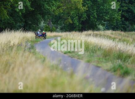 04 juillet 2021, Brandebourg, Reitwein: Un cycliste prend une pause sur le sentier de l'Oder-Neisse, qui est situé dans l'Oderbruch sur la digue de la frontière germano-polonaise Oder près de Reitwein. La piste cyclable Oder-Neisse est une piste cyclable longue distance en République tchèque et en Allemagne qui fait environ 630 kilomètres de long. Elle suit largement la frontière orientale de l'Allemagne avec la Pologne. La route à vélo Oder-Neisse s'étend vers le sud-nord sur environ 55 kilomètres à travers la République tchèque, en partant de la source de la Neisse et en la suivant jusqu'à l'endroit où la Neisse se jette dans l'Oder. Vers l'ouest le long de t Banque D'Images