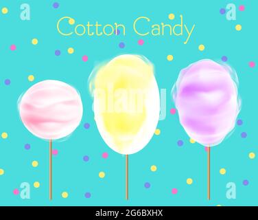 Illustration vectorielle de trois bonbons en coton différentes couleurs et formes sur fond bleu avec confetti. Bonbons en coton de couleurs jaune, rose et pourpre Illustration de Vecteur