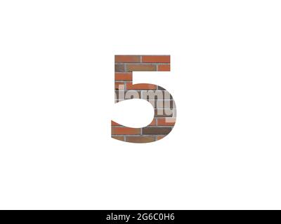 numéro 5 de l'alphabet fait avec mur de briques, en marron, orange, rouge gris et isolé sur un fond blanc Banque D'Images