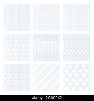 Ensemble d'illustrations vectorielles de neuf motifs rétro doux bleu pâle sans couture sur fond de lin. Illustration de Vecteur