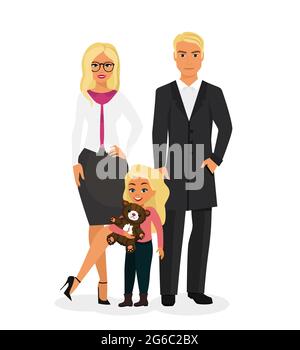 Illustration vectorielle d'une belle famille heureuse avec une jolie mère blonde, un beau père blond et une jolie fille aux cheveux blancs. Jeune famille, homme Illustration de Vecteur