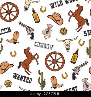 Motif vectoriel sans couture avec cow-boy sauvage de l'Ouest sur fond blanc. Papier peint style WESTERN Texas vintage. Textile de mode décoratif pour enfants. Illustration de Vecteur