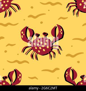 Motif vectoriel sans couture avec crabes sur fond jaune. Papier peint en sable tropical. Textile de mode SEA LIFE. Illustration de Vecteur