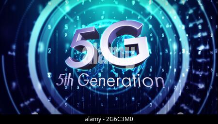 Image de 5g de texte de 5e génération sur le globe rotatif et la numérisation de l'oscilloscope Banque D'Images