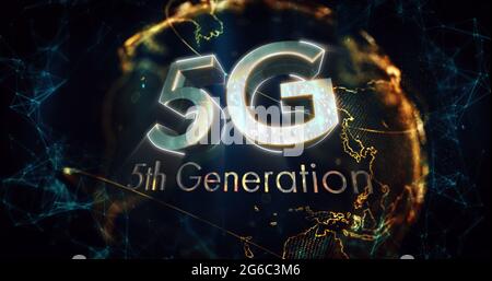 Image de 5g de texte de 5e génération sur un globe lumineux tournant Banque D'Images
