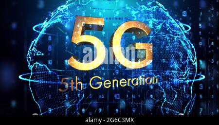 Image de 5g de texte de 5e génération sur un globe lumineux tournant Banque D'Images