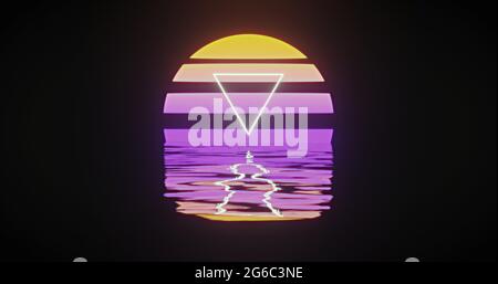 Image d'un triangle blanc sur un cercle jaune à violet brillant réfléchi dans l'eau Banque D'Images