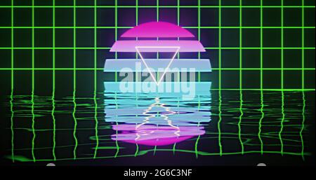 Image d'un triangle blanc sur un cercle rose à bleu brillant au-dessus d'une grille verte reflétée dans l'eau Banque D'Images