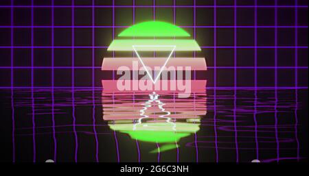 Image d'un triangle blanc sur un cercle vert à rouge brillant sur une grille violette reflétée dans l'eau Banque D'Images
