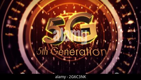 Image de 5g de texte de 5e génération sur le globe rotatif et la numérisation de l'oscilloscope Banque D'Images