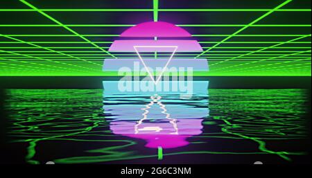 Image d'un triangle blanc sur un cercle rose à bleu brillant au-dessus d'une grille verte reflétée dans l'eau Banque D'Images