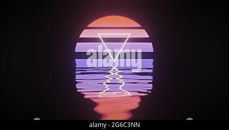 Illustration d'un triangle blanc sur un cercle rouge à violet brillant réfléchi dans l'eau Banque D'Images