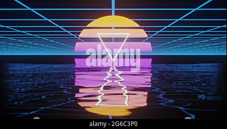 Image d'un triangle blanc sur un cercle jaune à violet sur une grille bleue réfléchie dans l'eau Banque D'Images