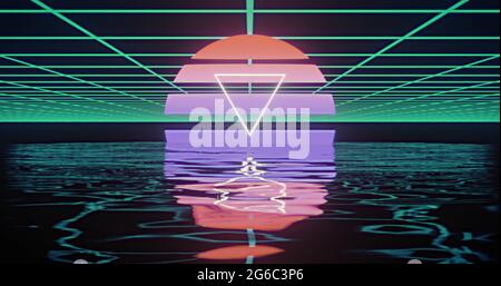 Image d'un triangle blanc sur un cercle rouge à violet sur une grille verte réfléchie dans l'eau Banque D'Images