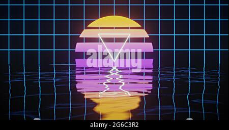Image d'un triangle blanc sur un cercle jaune à violet sur une grille bleue réfléchie dans l'eau Banque D'Images