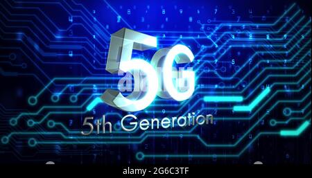 Image de 5g de texte de 5e génération sur des éléments de carte électronique d'ordinateur luminescents Banque D'Images