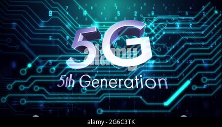 Image de 5g de texte de 5e génération sur des éléments de carte électronique d'ordinateur luminescents Banque D'Images