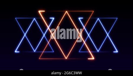 Illustration de triangles lumineux bleu néon et orange se déplaçant sur une boucle sans couture sur fond noir Banque D'Images
