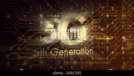 Image de 5g de texte de 5e génération sur les éléments de carte de circuit imprimé luminescents et les numéros changeant Banque D'Images