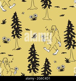 Motif vectoriel sans couture avec Happy Bigfoot sur fond jaune. Papier peint fantaisie créature mythique pour les enfants. Mode monstre légendaire. Illustration de Vecteur