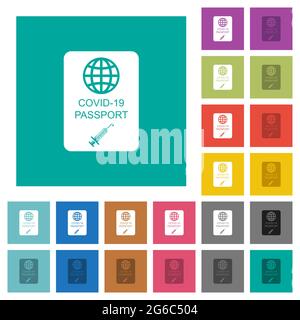 Covid-19 Passport icônes plates multicolores sur fond carré Uni. Inclut des variantes d'icône blanche et foncée pour les effets de survol ou actifs. Illustration de Vecteur