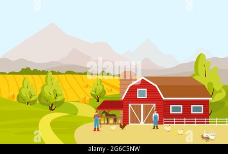 Illustration vectorielle du paysage de campagne de montagne avec grange de ferme rouge, champs, personnes et animaux de ferme en dessin animé plat. Illustration de Vecteur