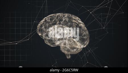 Rotation du cerveau contre un réseau de connexions sur fond noir Banque D'Images