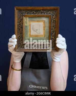 Christie’s, Londres, Royaume-Uni. 5 juillet 2021. Aperçu de la semaine classique de Christie est une série marquise de 9 enchères mettant en vedette des œuvres d'art de l'antiquité au XXe siècle. Image: Vente en soirée des anciens maîtres Christie (vente du 8 juillet), Leonardo da Vinci (Vinci 1452-1519 Amboise). Tête d'un ours, estimation: £8,000,000-12,000,000. Crédit : Malcolm Park/Alay Live News Banque D'Images