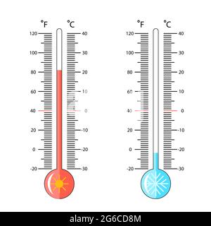 Illustration vectorielle des thermomètres météorologiques celsius et fahrenheit mesurant la chaleur et le froid sur fond blanc. Illustration de Vecteur