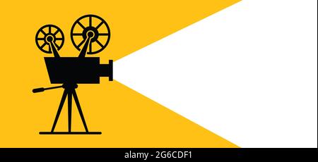 Vieux film rétro et film, arrière-plan dans le style plat. Écran de théâtre, premiers signes. Projecteur de cinéma vectoriel, icône de concept plat. Banque D'Images