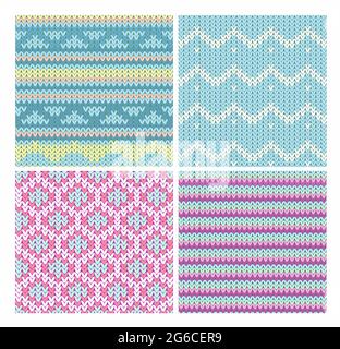 Collection d'illustrations vectorielles de motifs de tricot sans couture avec ornement d'hiver stylisé dans les couleurs bleu et rose. Illustration de Vecteur