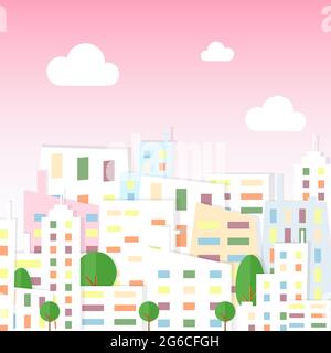 Illustration vectorielle de la vue de la ville papier dans un style de dessin animé plat. Ville avec maisons et arbres sur fond de ciel rose. Illustration de Vecteur