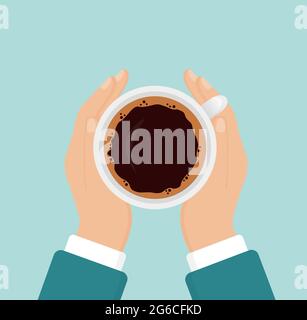 Illustration vectorielle des mains tenant une tasse de café chaud, le professionnel veut boire du café, concept de pause café, heure du matin, style de dessin animé plat sur Illustration de Vecteur