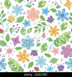 Ensemble coloré pour enfants avec de jolies fleurs pour des motifs et des imprimés mode. Fond plat à fleurs linéaires. Motif fleuri avec fleurs pastel sur fond blanc. Illustration de Vecteur