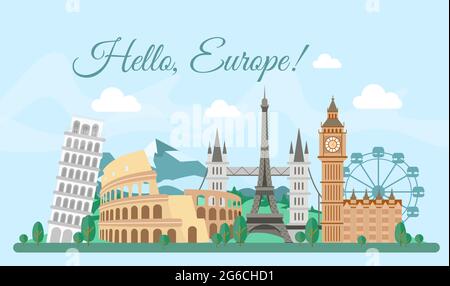 Illustration vectorielle Bienvenue carte de vœux Europe, affiche avec bâtiments célèbres, concept de voyage. Tour Eiffel, Big Ben, Colisée. Paysage urbain à plat Illustration de Vecteur