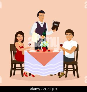 Illustration vectorielle d'un couple aimant au restaurant avec serveur, boire du vin dans un café. L'homme et la femme ont un style de dessin animé plat et date. Illustration de Vecteur