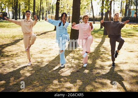 Groupe de personnes faisant de l'exercice wushu sur une jambe Banque D'Images