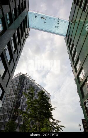 Le pont transparent Sky Pool de 35 mètres de haut entre deux bâtiments de l'Embassy Gardens est la piscine extérieure la plus exclusive de Londres. Londres, Royaume-Uni. Banque D'Images