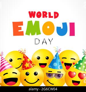 Journée mondiale Emoji, modèle de bannière carrée Smile. 17 juillet, texte de la Journée mondiale de l'émoticône avec une icône d'émoticône mignon dans un chapeau de fête sur fond blanc vide. Vecteur Illustration de Vecteur