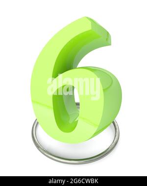 Numéro 6 vert sur cercle métallique sur fond blanc - illustration du rendu 3D Banque D'Images