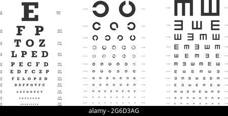 Snellen, Landoldt C, cartes de Golovin-Sivtsev pour les tests de vision. Modèle d'affiche de test ophtalmique. Illustration vectorielle plate. Illustration de Vecteur