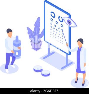 Concept de test de vision. Médecin et assistant avec des gouttes oculaires près du test de contrôle de la vision de Landolt S. Illustration isométrique à vecteur plat. Illustration de Vecteur