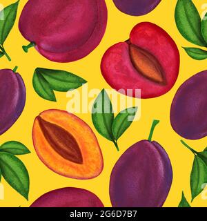 Motif chinois rouge et prune aquarelle sans coutures. Illustration des aliments Banque D'Images